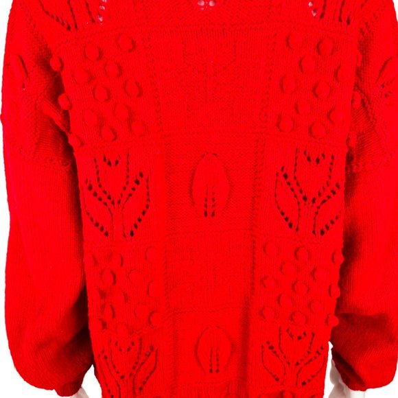 Vintage 80s Oversize Sweater Red Tulips Pom Pom's Acrylic Pullover - Picture 6 of 8